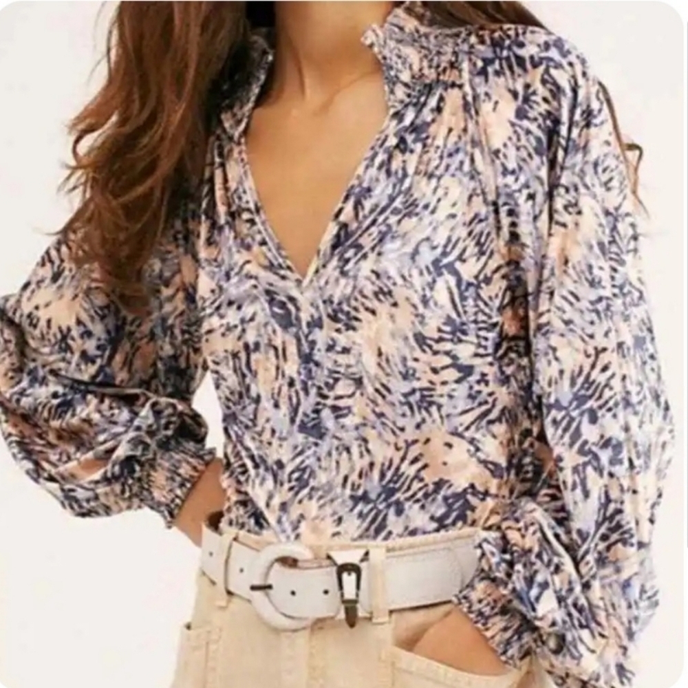 Free People Go Get 'Em Crushed Velvet Balloon Sleeve Blouse - Size Large